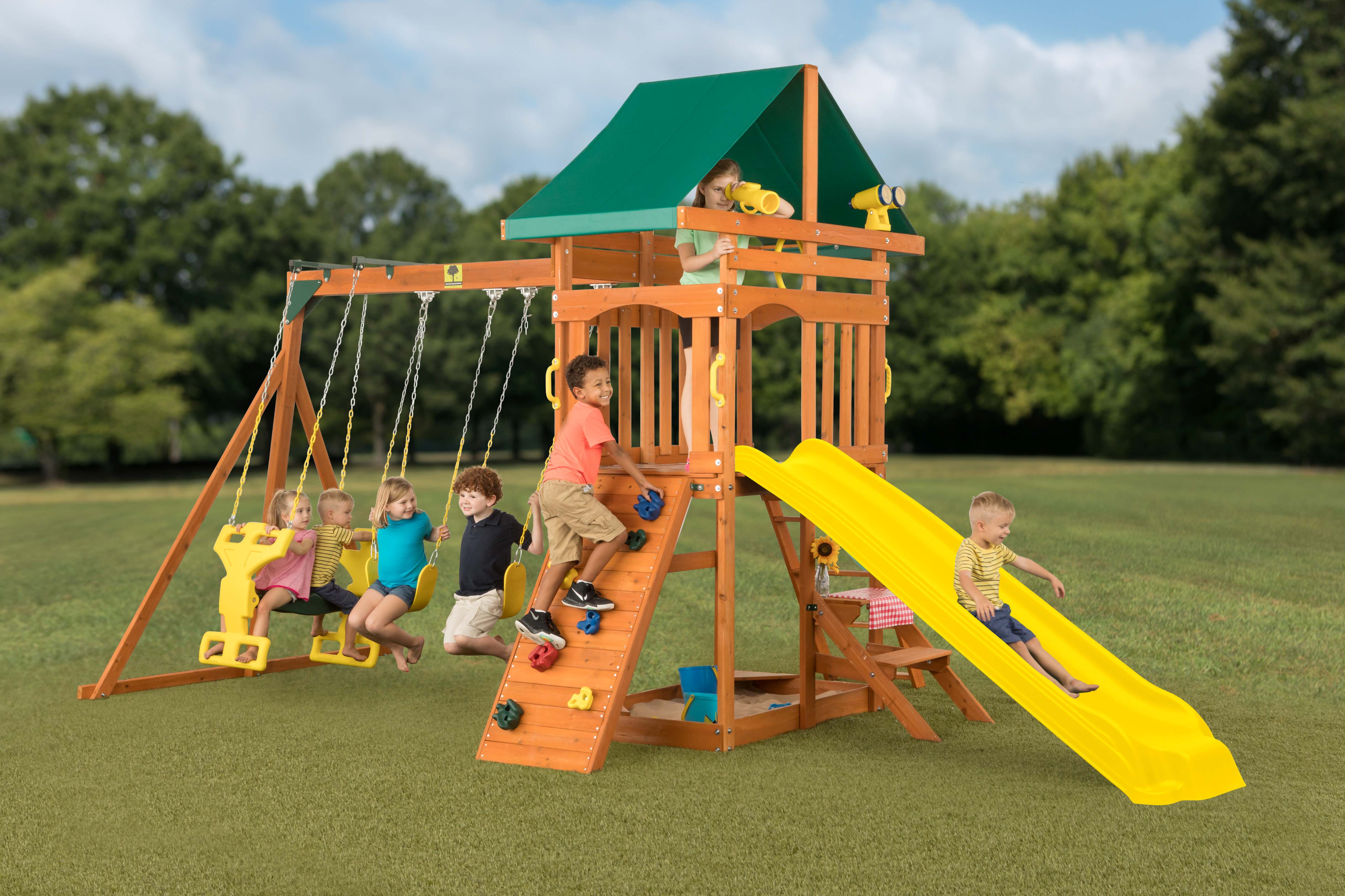 Sky View Wooden Swingset With Yellow Slide – Creative Cedar Designs